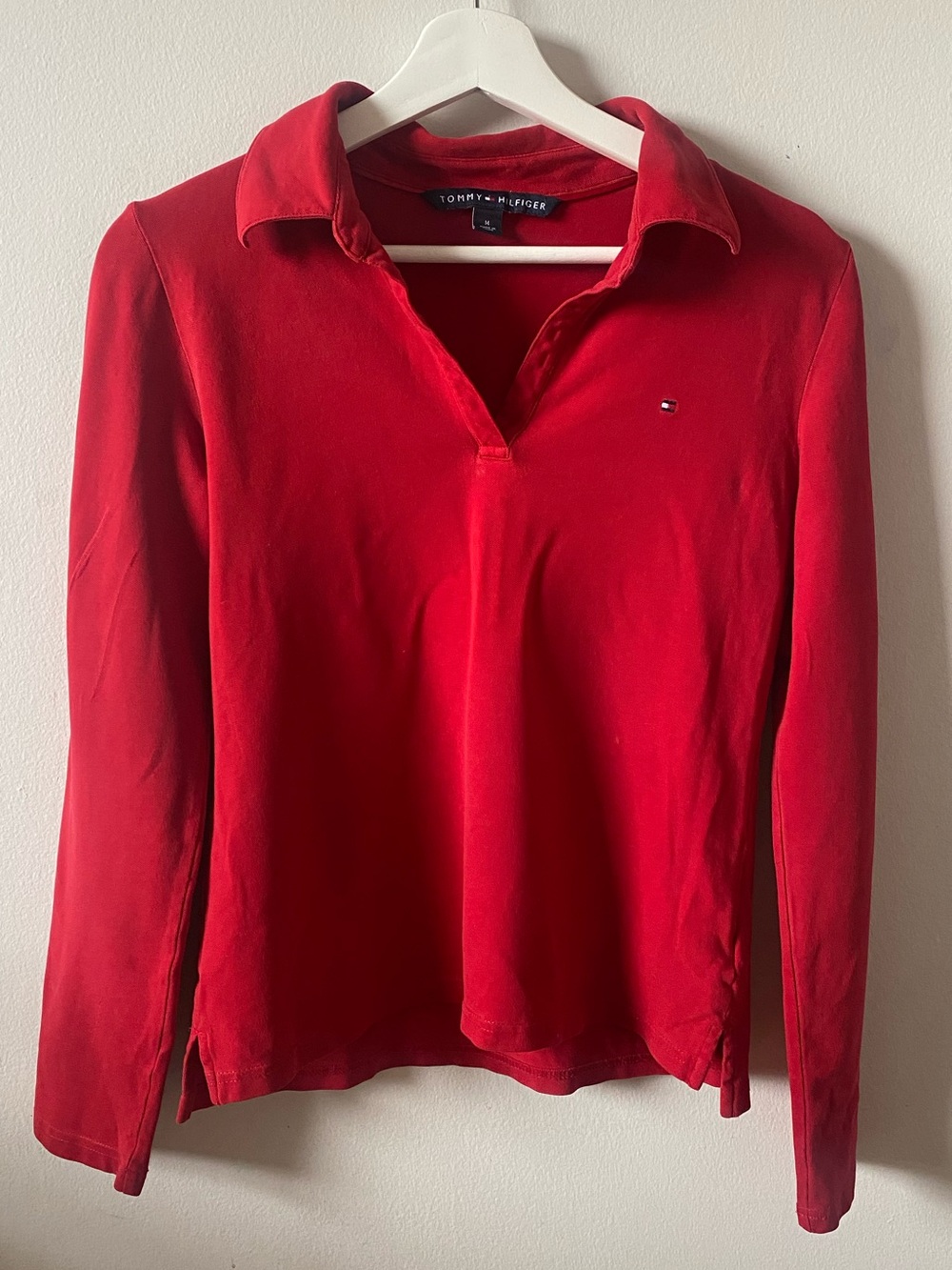 ❤️ Tommy Hilfiger Red Long Sleeve V-Neck Polo Shirt Size M